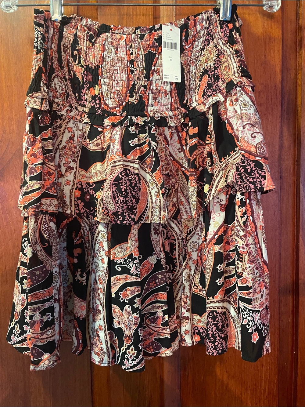 Tiered Black Paisley Print Smocked-Waist Skirt - Women's